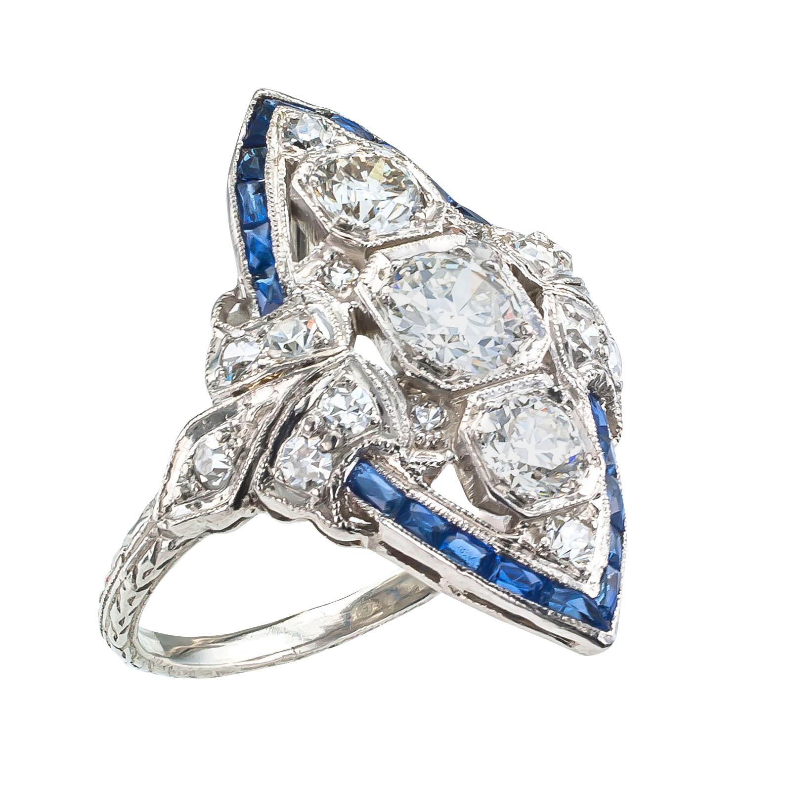 Art Deco Diamond Sapphire Platinum Dinner Ring In Good Condition In Los Angeles, CA