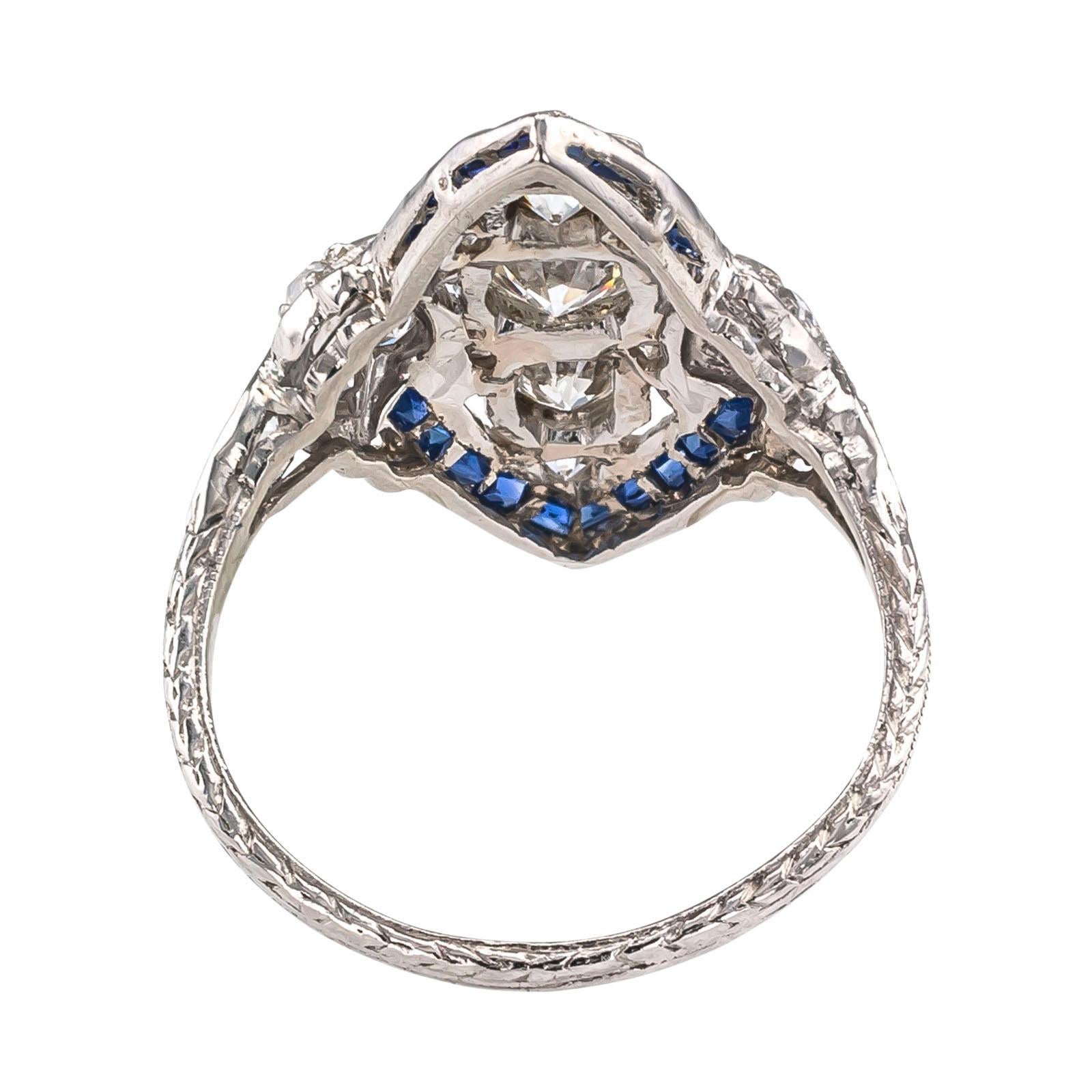 Women's Art Deco Diamond Sapphire Platinum Dinner Ring