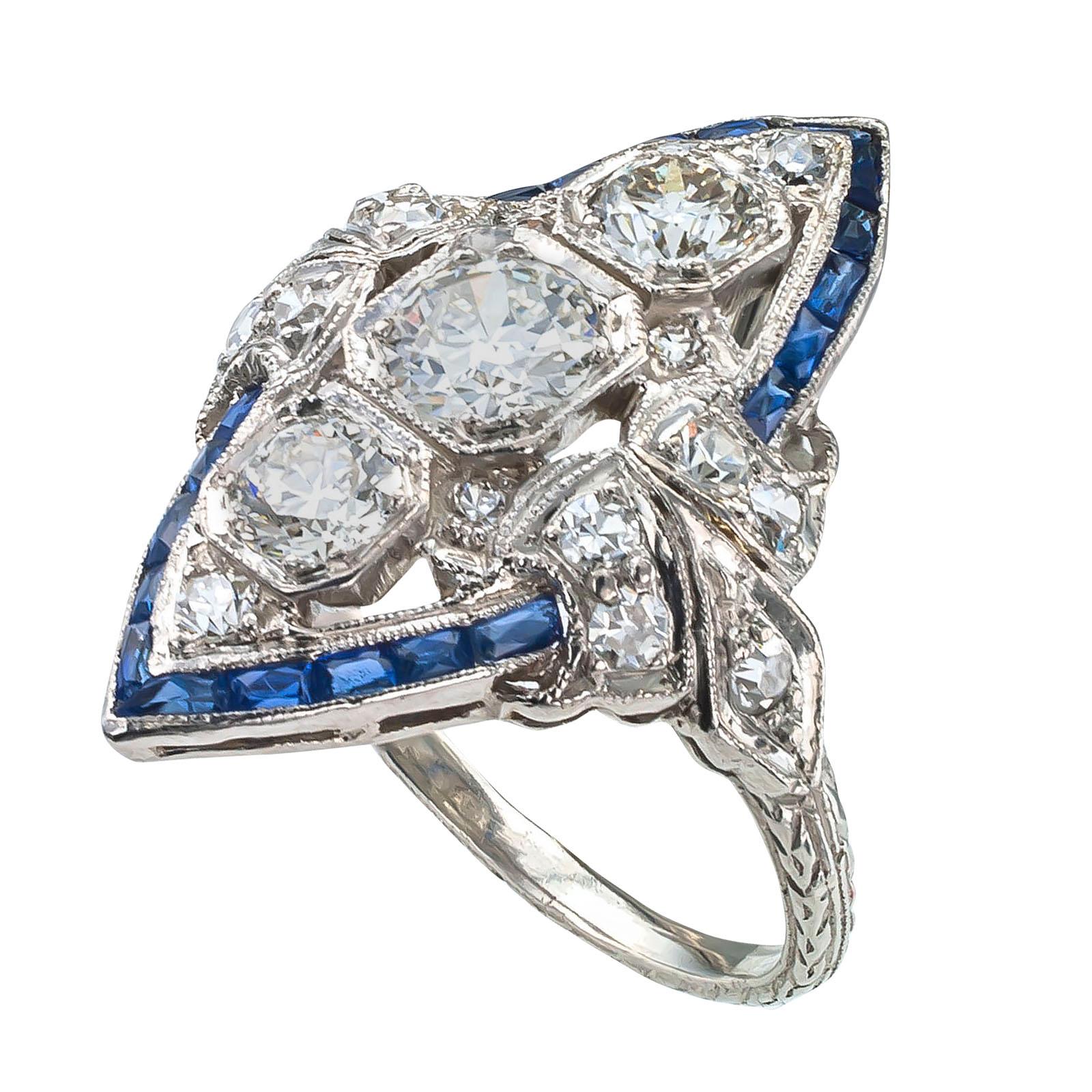 Art Deco Diamond Sapphire Platinum Dinner Ring 1