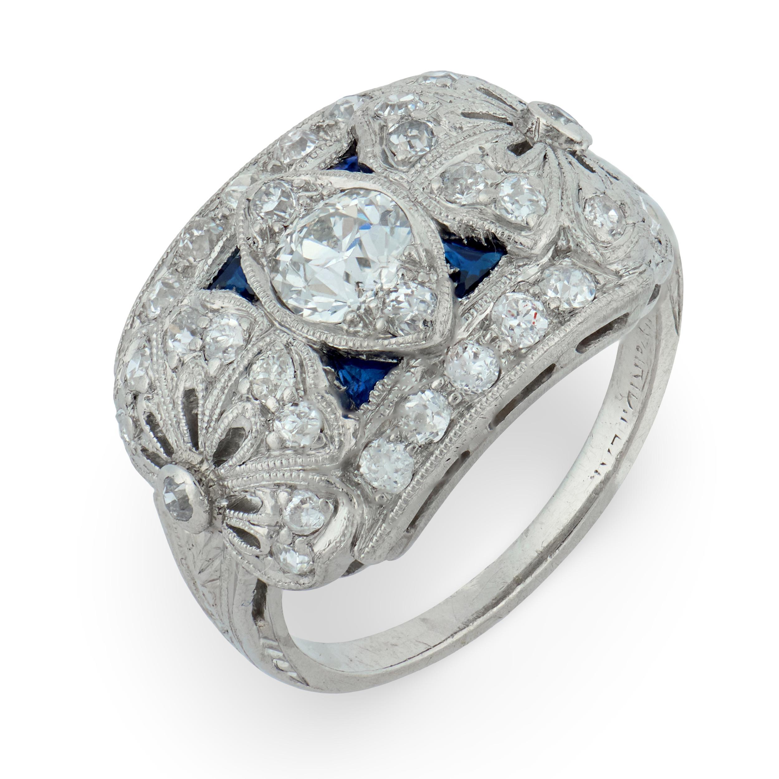 Art Deco diamond sapphire platinum dinner ring