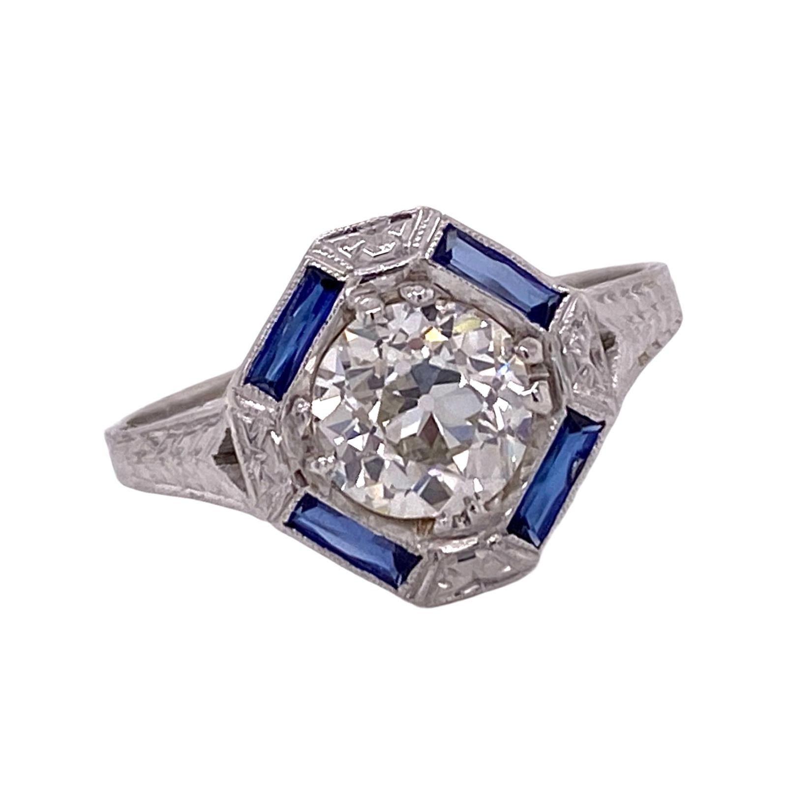 Verlobungsring, Art déco, Diamant, Saphir, Platin 1,33 Karat J/VS2 GIA