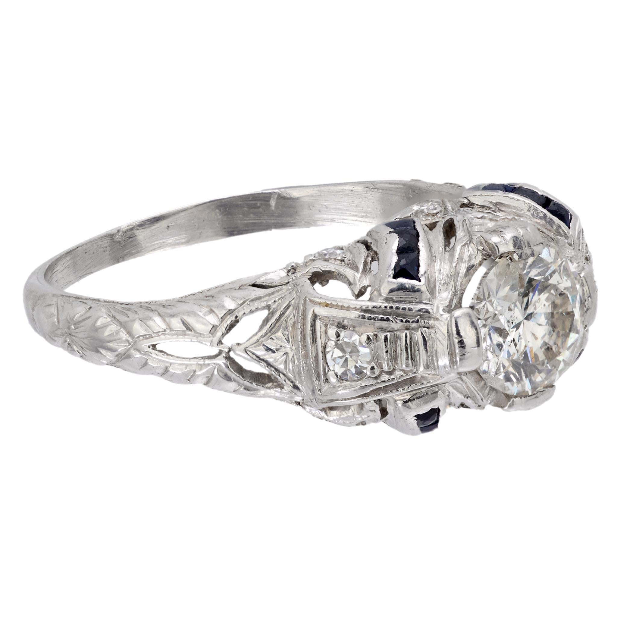 Brilliant Cut Art Deco diamond sapphire platinum engagement ring