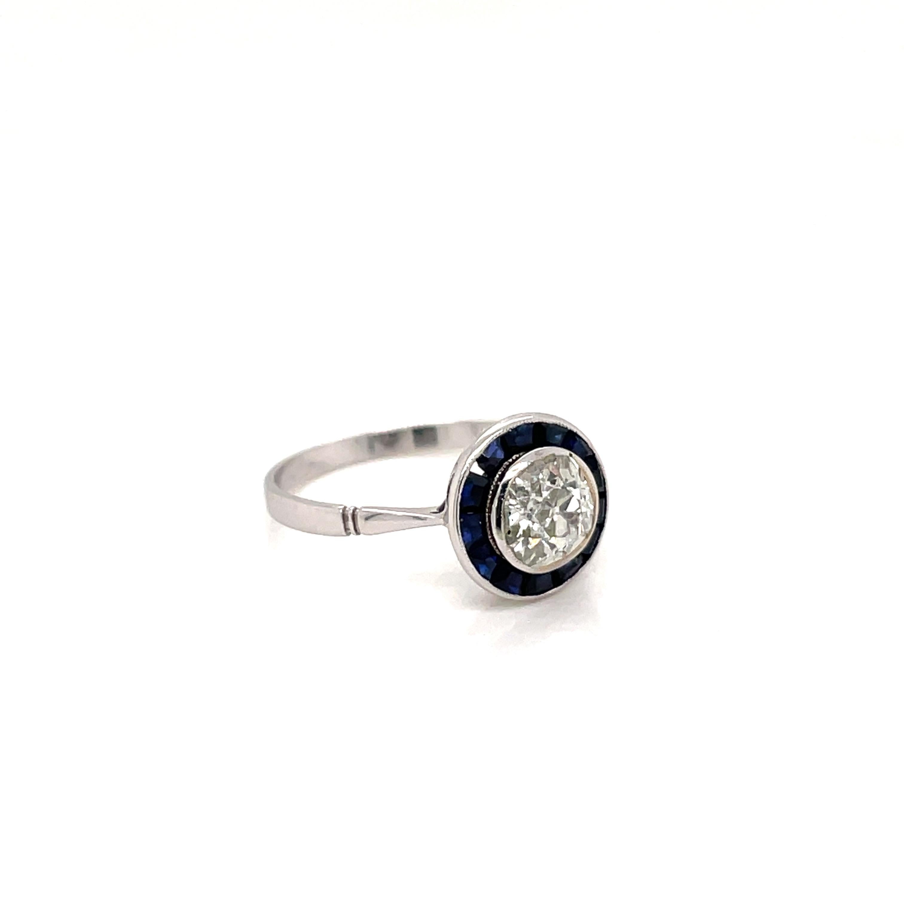 Old Mine Cut Art Deco Diamond Sapphire Platinum Engagement Ring