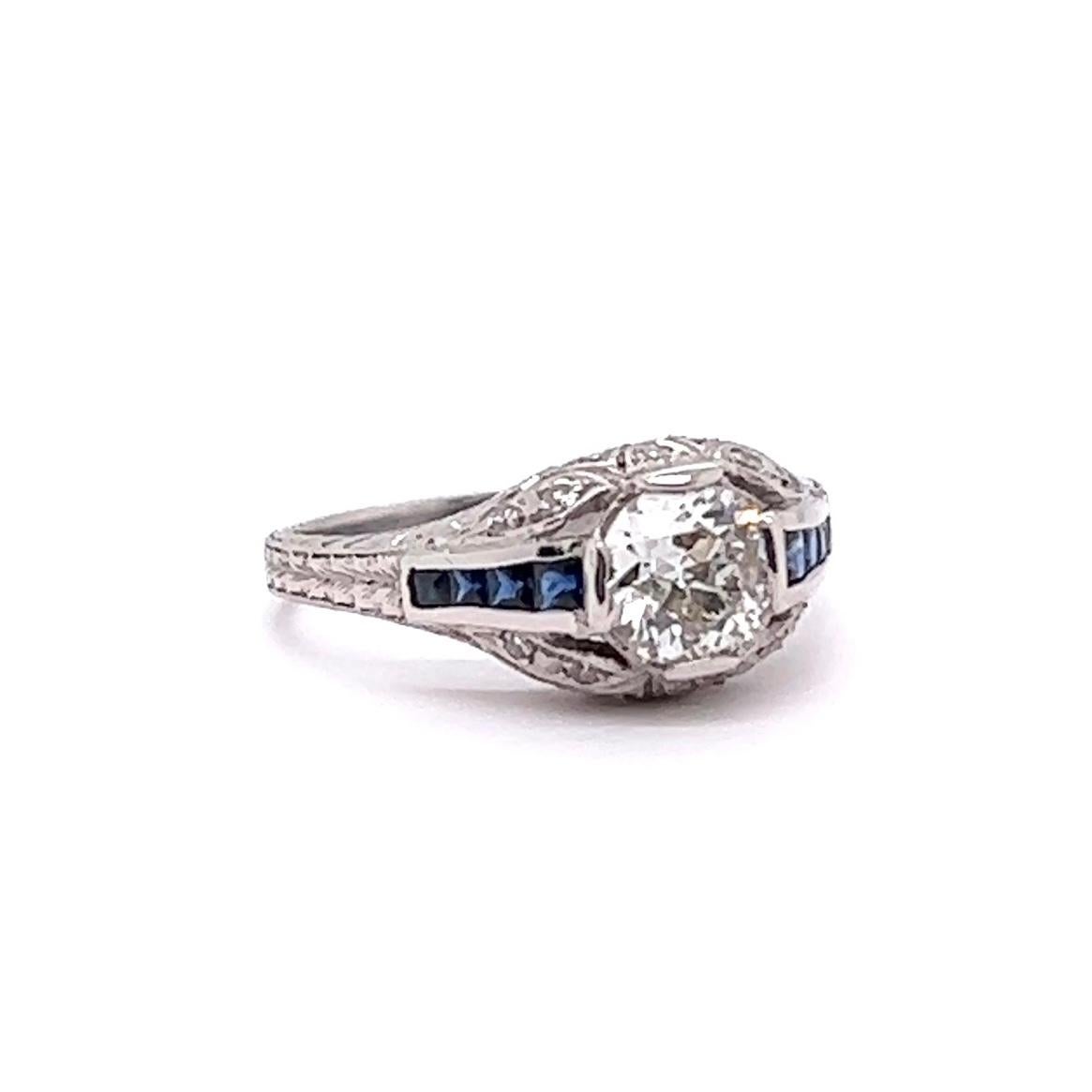 Art Deco 0.83 Carat Diamond Sapphire Platinum Engagement Ring In Excellent Condition In Beverly Hills, CA