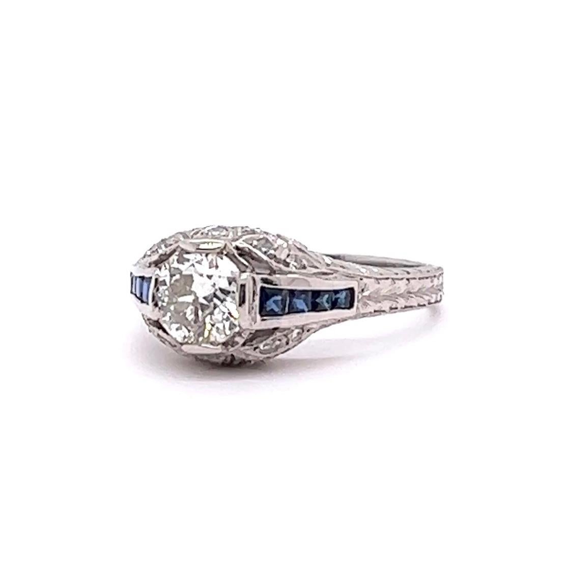 Women's or Men's Art Deco 0.83 Carat Diamond Sapphire Platinum Engagement Ring