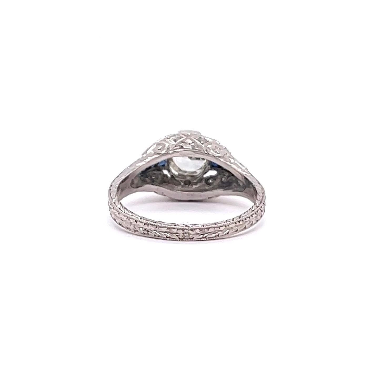 Art Deco 0.83 Carat Diamond Sapphire Platinum Engagement Ring 1