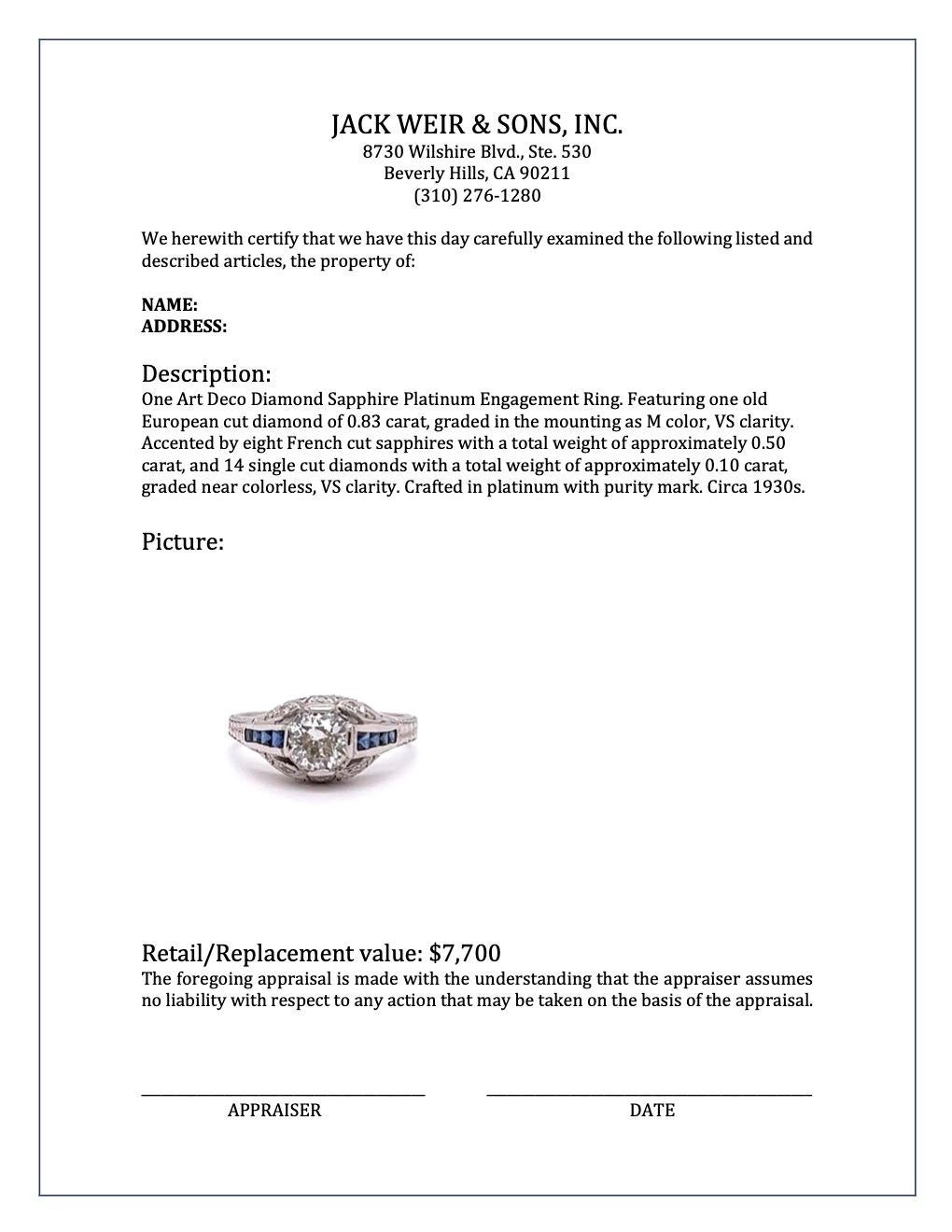 Art Deco 0.83 Carat Diamond Sapphire Platinum Engagement Ring 2
