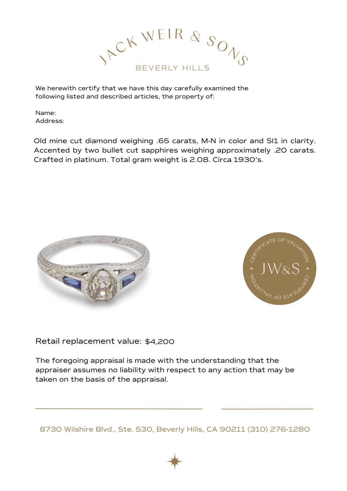 Anillo de compromiso Art Déco de platino con zafiro y diamantes en venta 1
