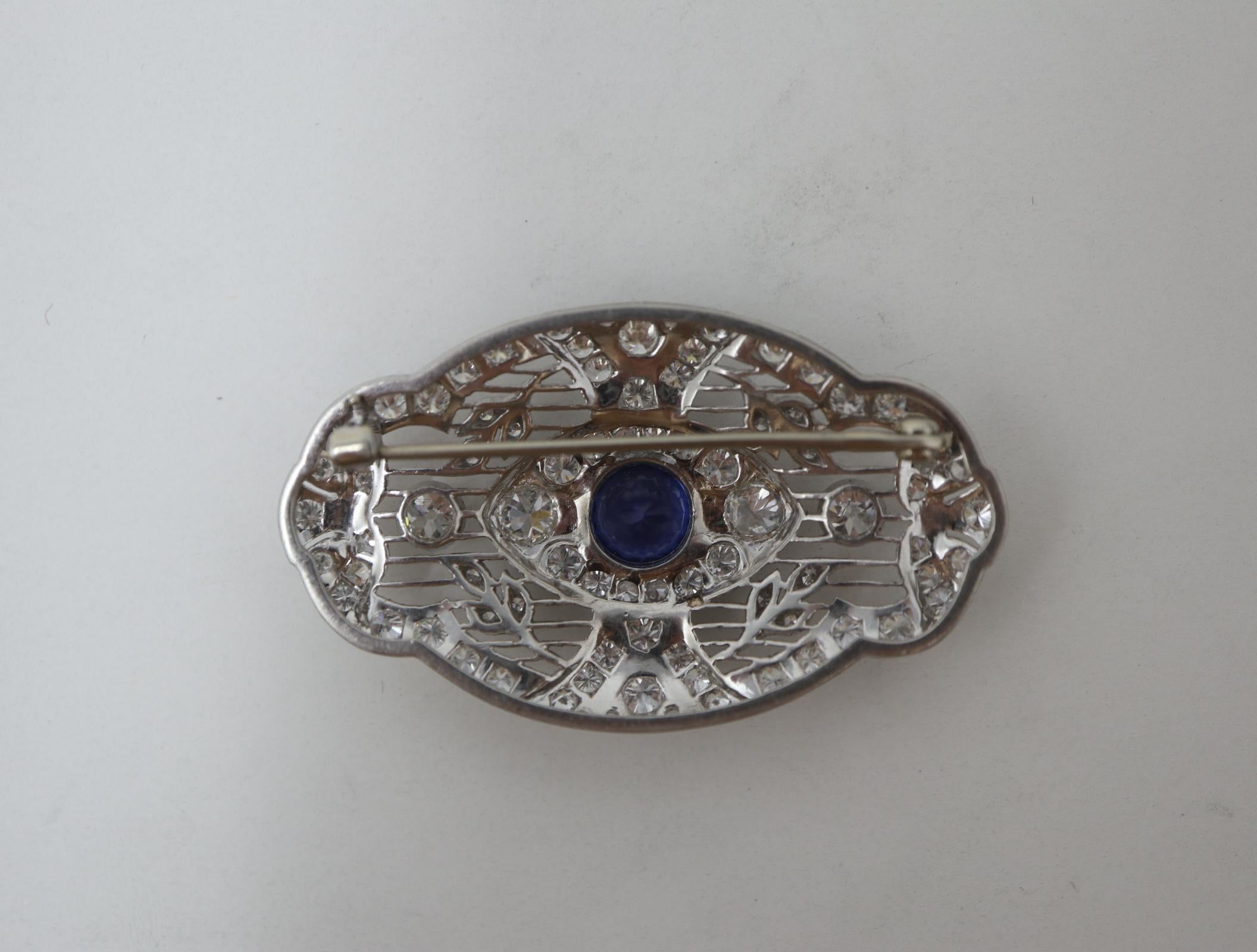 Art Deco Diamond & Sapphire Platinum Filigree Brooch For Sale 2