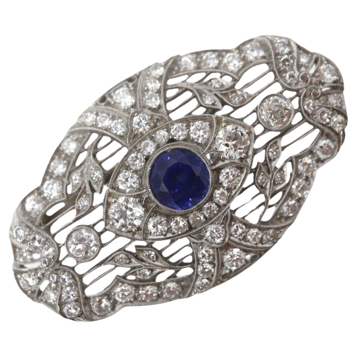 Art Deco Diamond & Sapphire Platinum Filigree Brooch For Sale