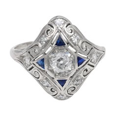 Art Deco diamond sapphire platinum filigree shield ring