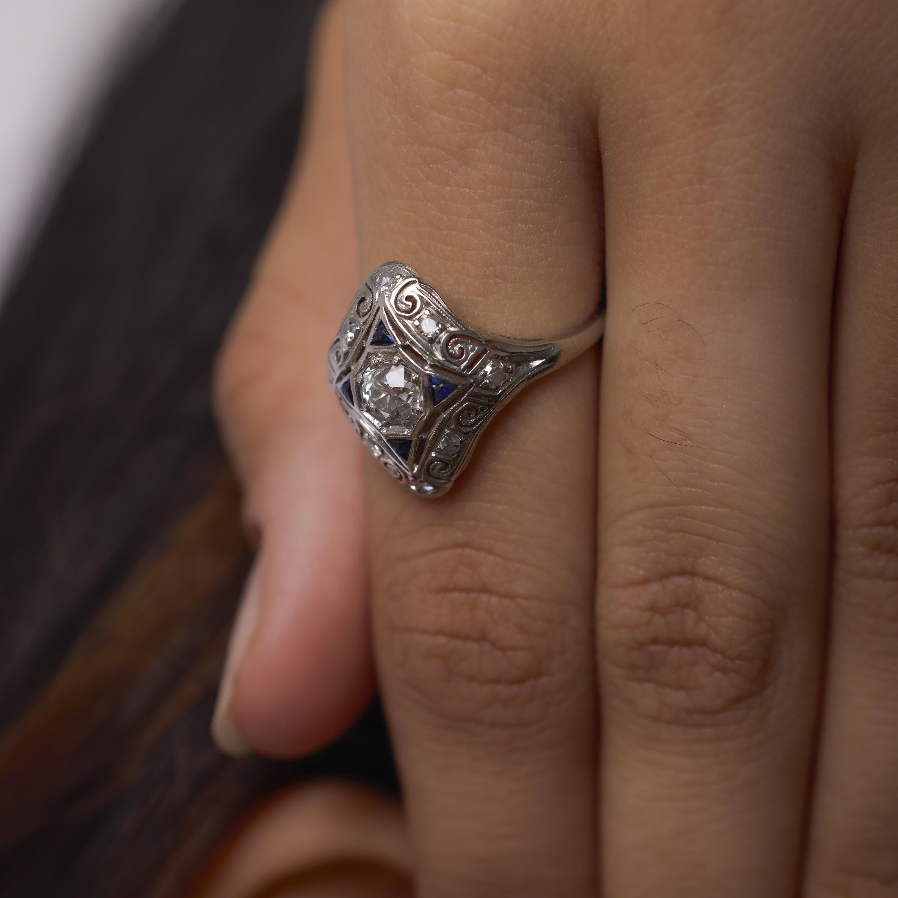 Women's Art Deco diamond sapphire platinum filigree shield ring For Sale