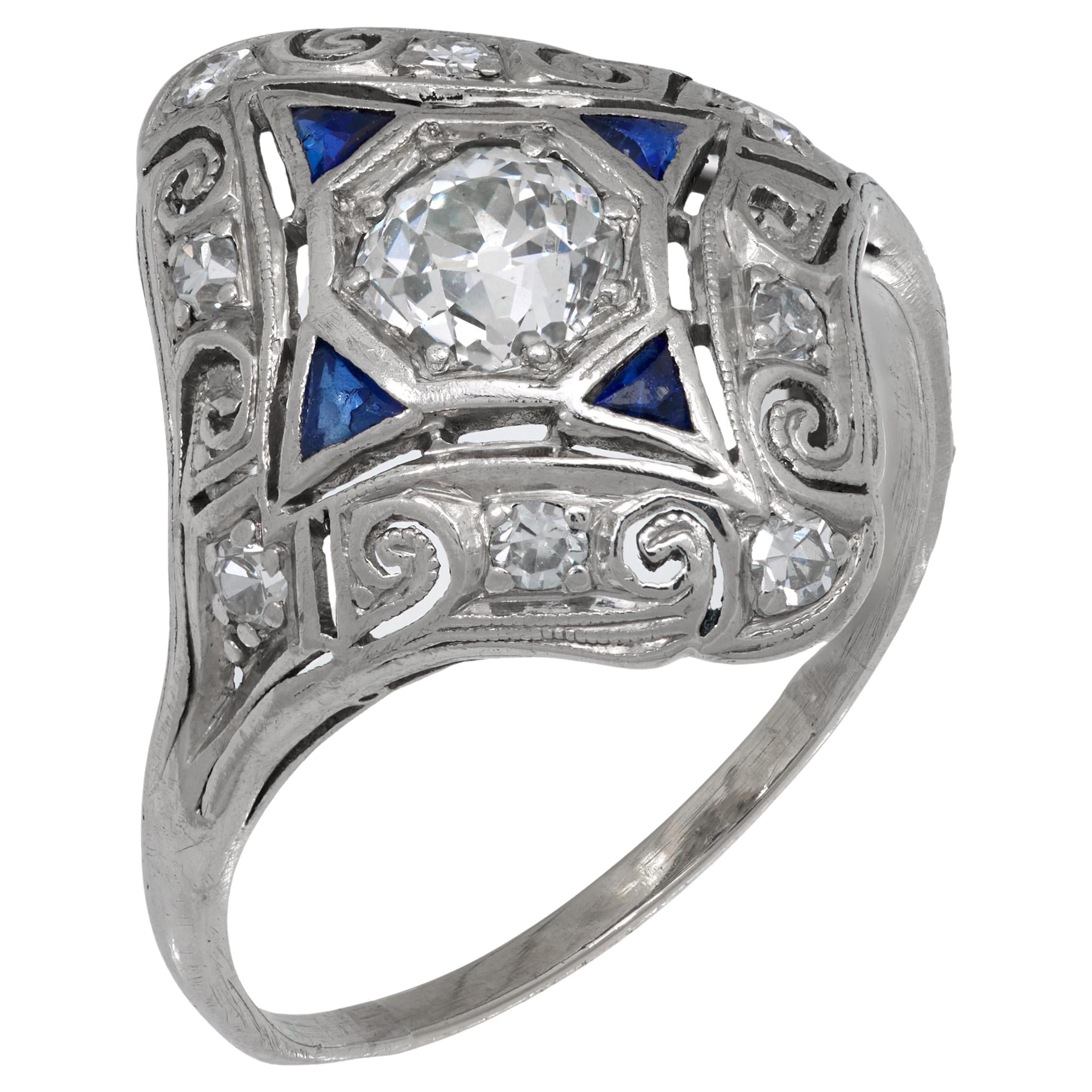 Art Deco diamond sapphire platinum filigree shield ring For Sale