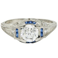 Art Deco Diamond Sapphire Platinum Floral Engagement Ring