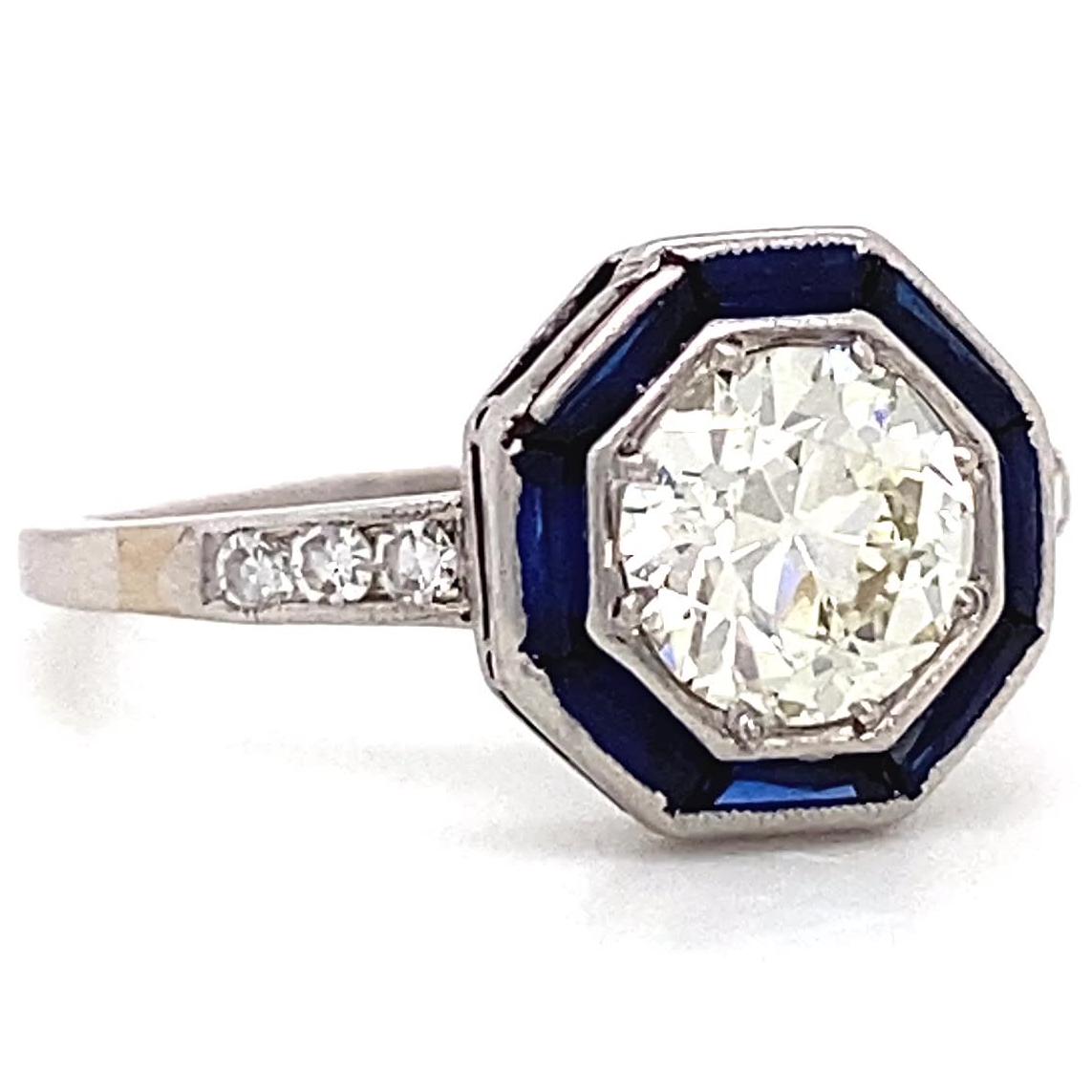 Old European Cut Art Deco Diamond Sapphire Platinum Halo Ring