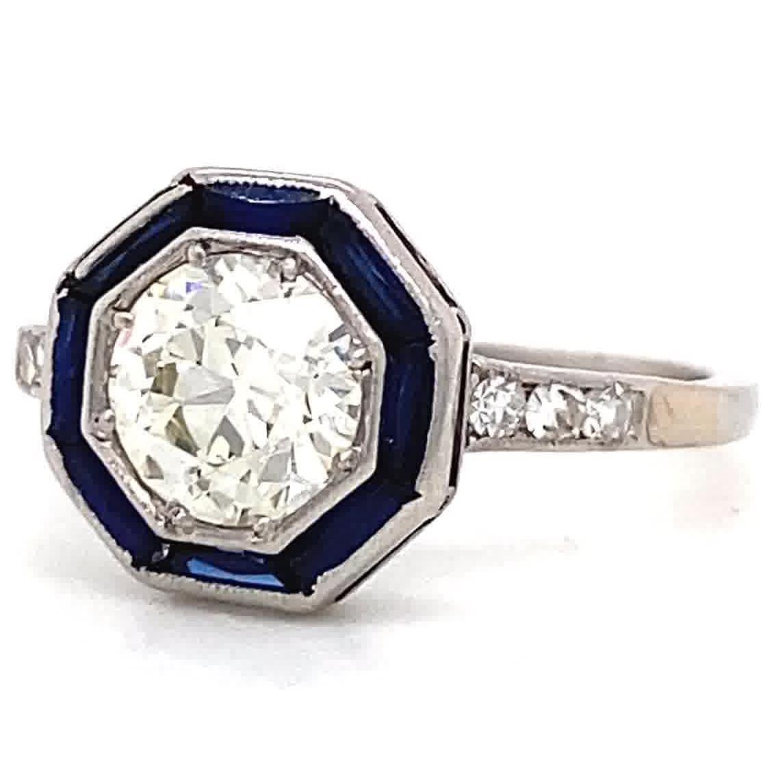 Art Deco Diamond Sapphire Platinum Halo Ring In Excellent Condition In Beverly Hills, CA