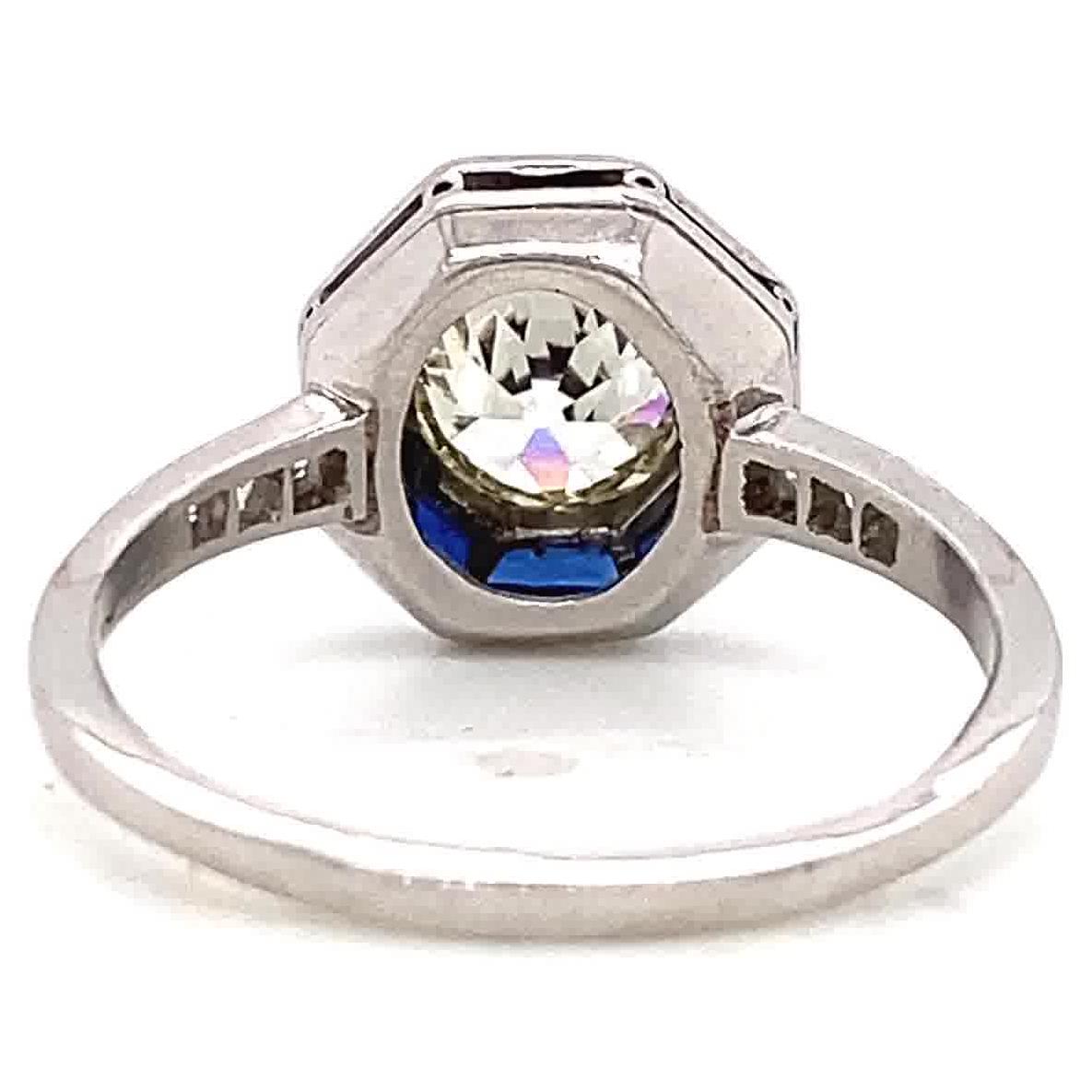 Women's or Men's Art Deco Diamond Sapphire Platinum Halo Ring