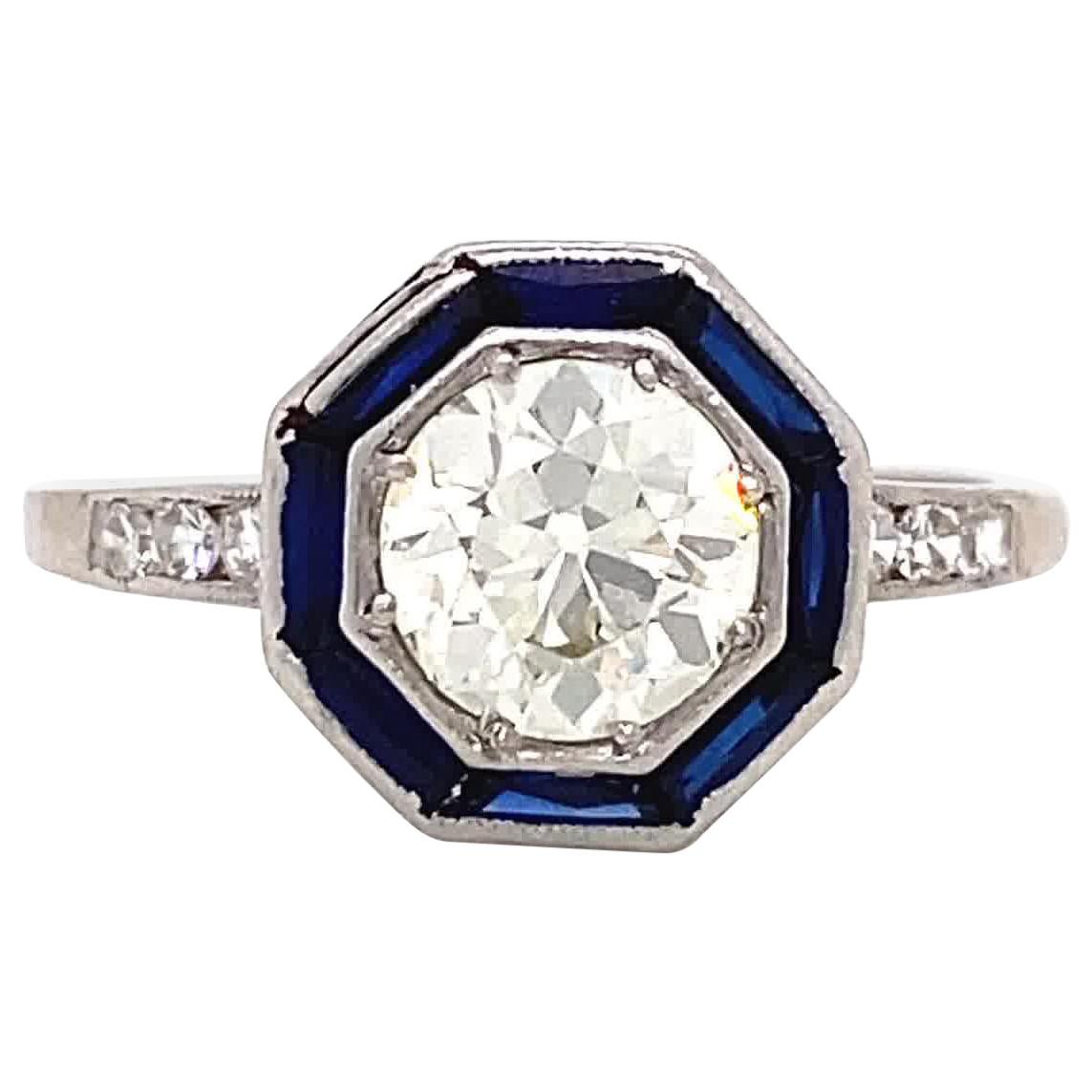 Art Deco Diamond Sapphire Platinum Halo Ring