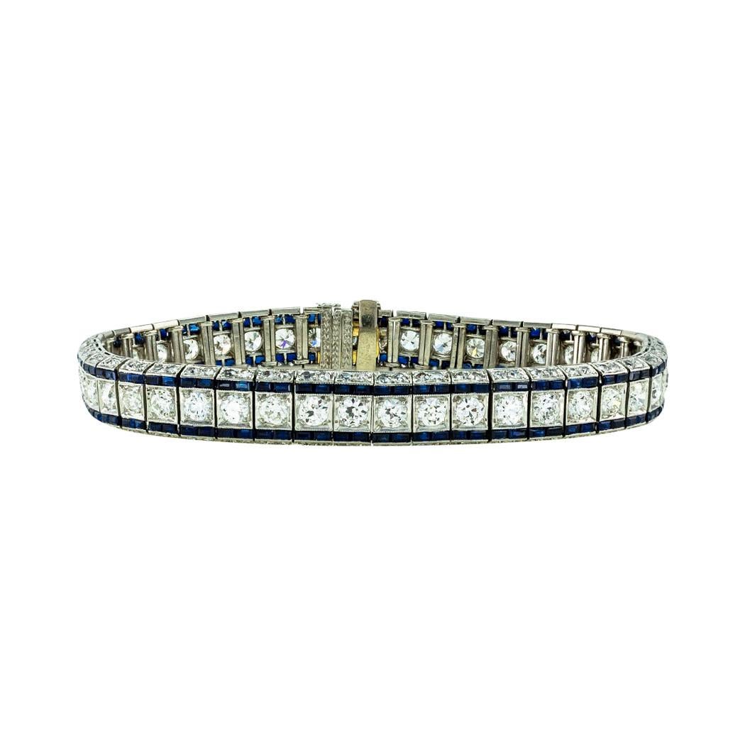 Mixed Cut Art Deco Diamond Sapphire Platinum Line Bracelet