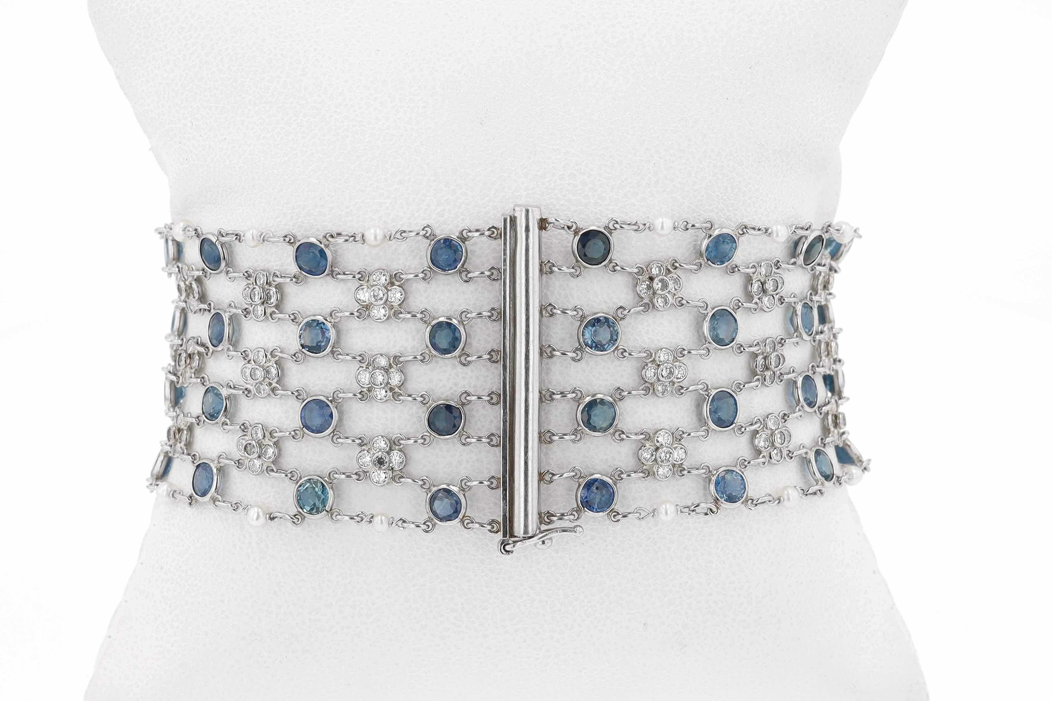 Art Deco Diamond Sapphire Platinum Mesh Bracelet 1