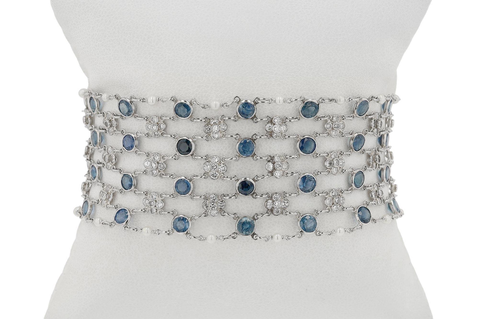 Women's Art Deco Diamond Sapphire Platinum Mesh Bracelet