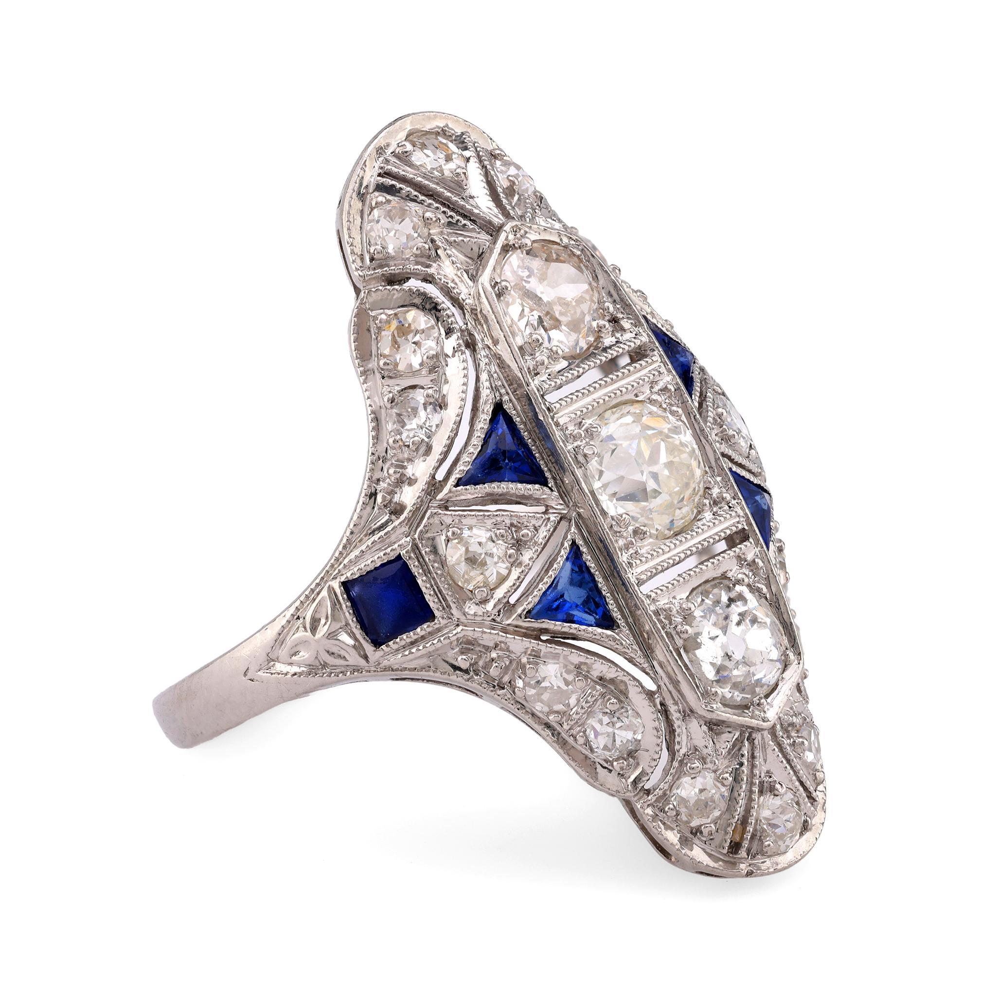 Art Deco Diamant Saphir Platin Navette Ring (Art déco)