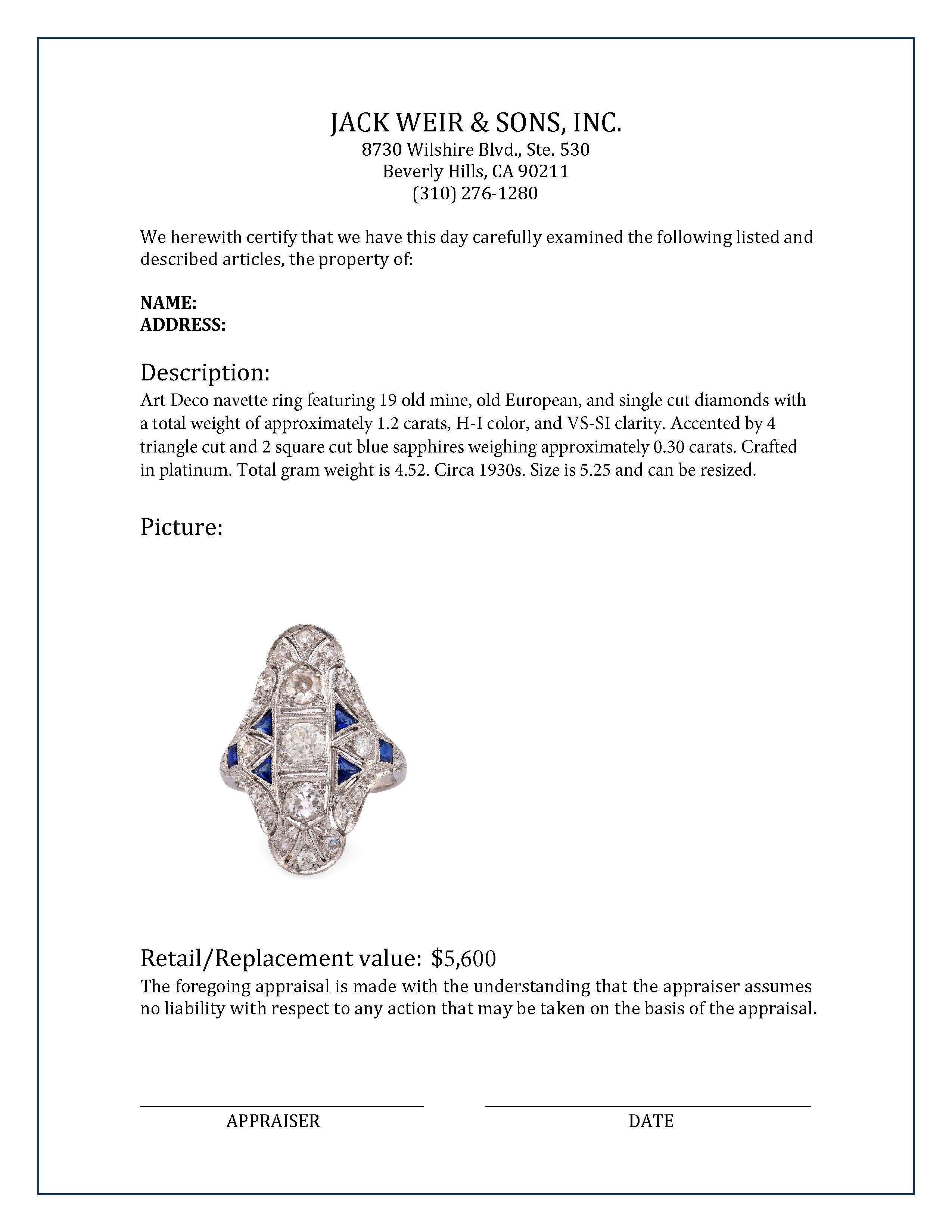 Art Deco Diamant Saphir Platin Navette Ring im Zustand „Hervorragend“ in Beverly Hills, CA