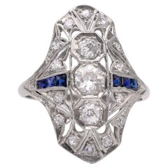Art Deco Diamant Saphir Platin Navette Ring