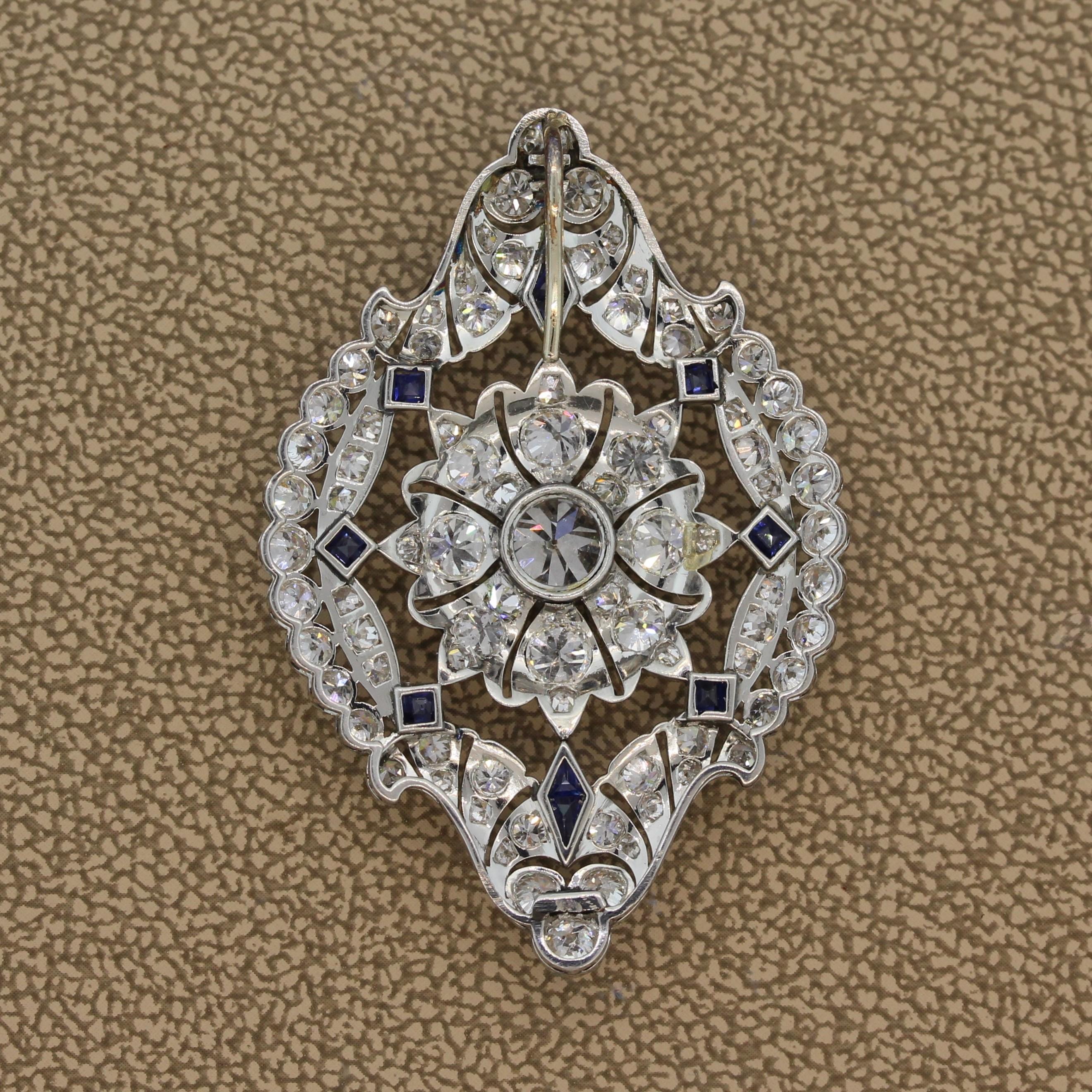 Art Deco Diamond Sapphire Platinum Pendant For Sale 3