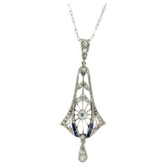 Art Deco Diamond Sapphire Platinum Pendant Necklace
