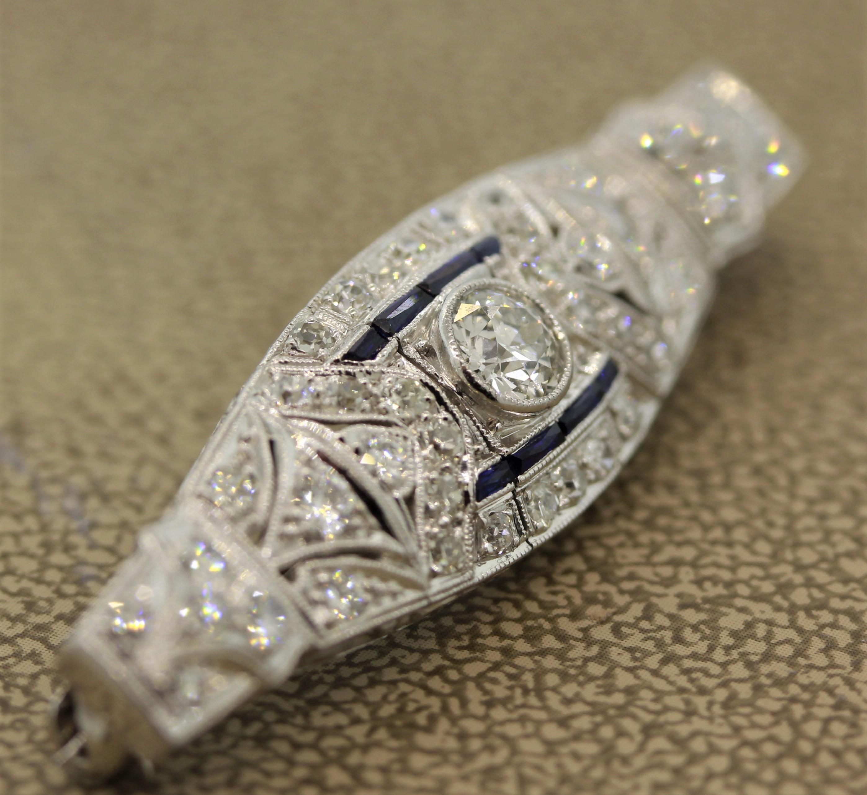 Round Cut Art Deco Diamond Sapphire Platinum Pin Brooch