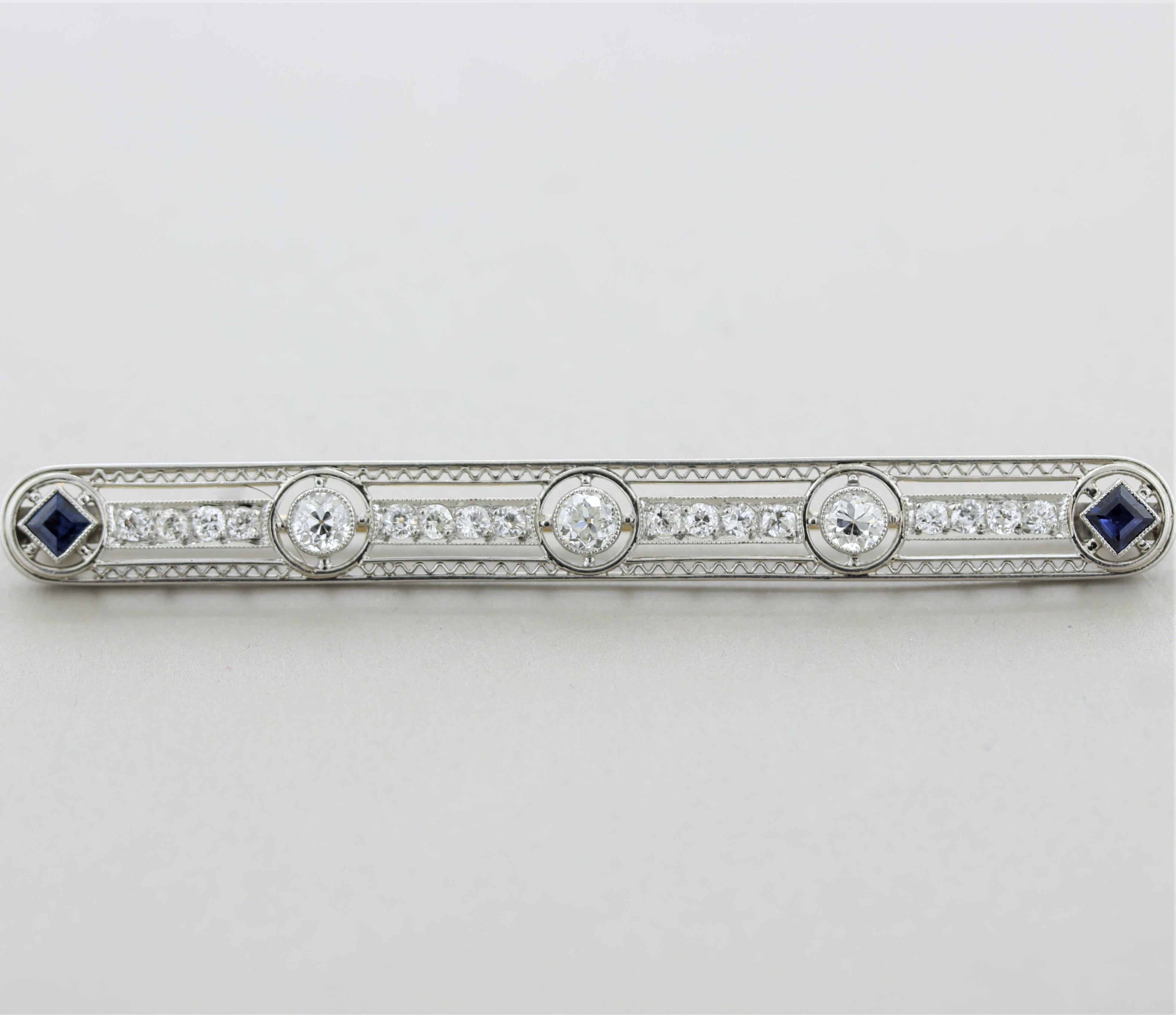 Mixed Cut Art Deco Diamond Sapphire Platinum Pin Brooch For Sale