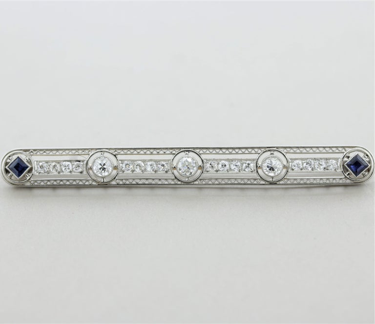 Mixed Cut Art Deco Diamond Sapphire Platinum Pin Brooch For Sale
