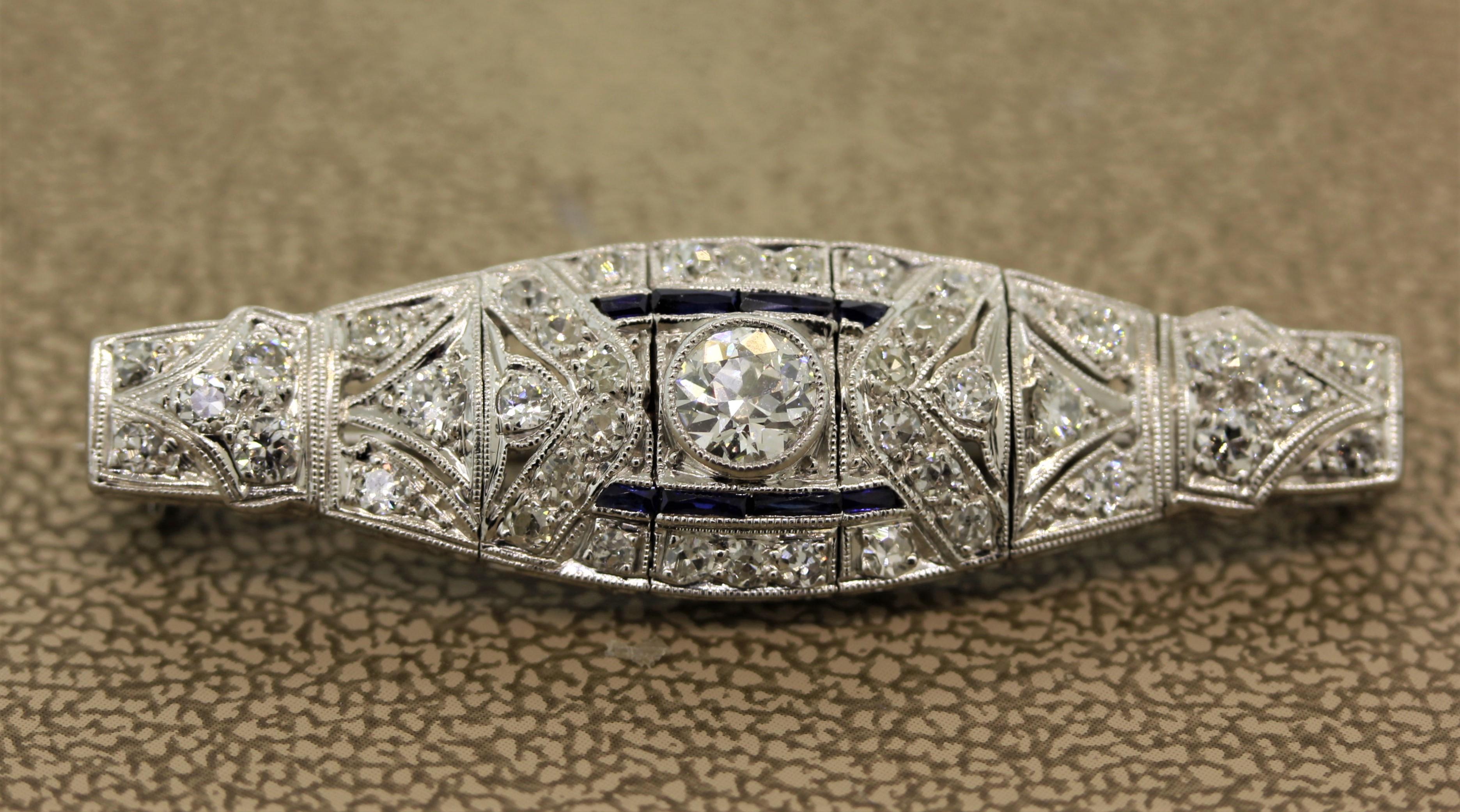 Art Deco Diamond Sapphire Platinum Pin Brooch In Excellent Condition In Beverly Hills, CA