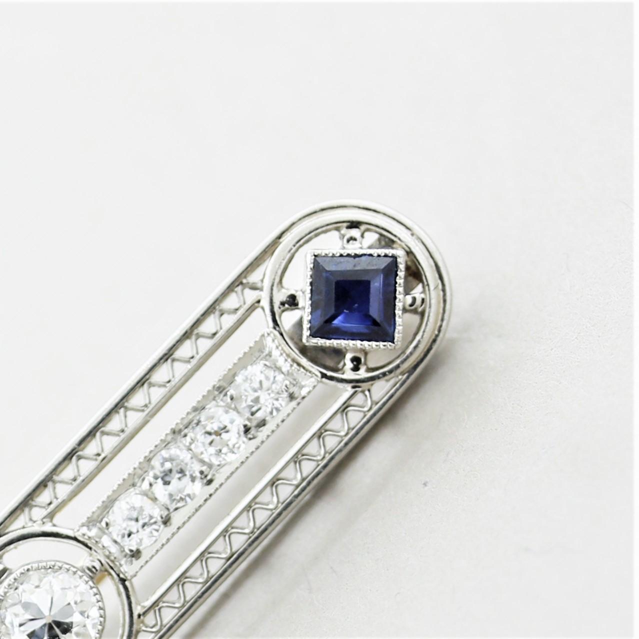 Art Deco Diamond Sapphire Platinum Pin Brooch In Excellent Condition For Sale In Beverly Hills, CA