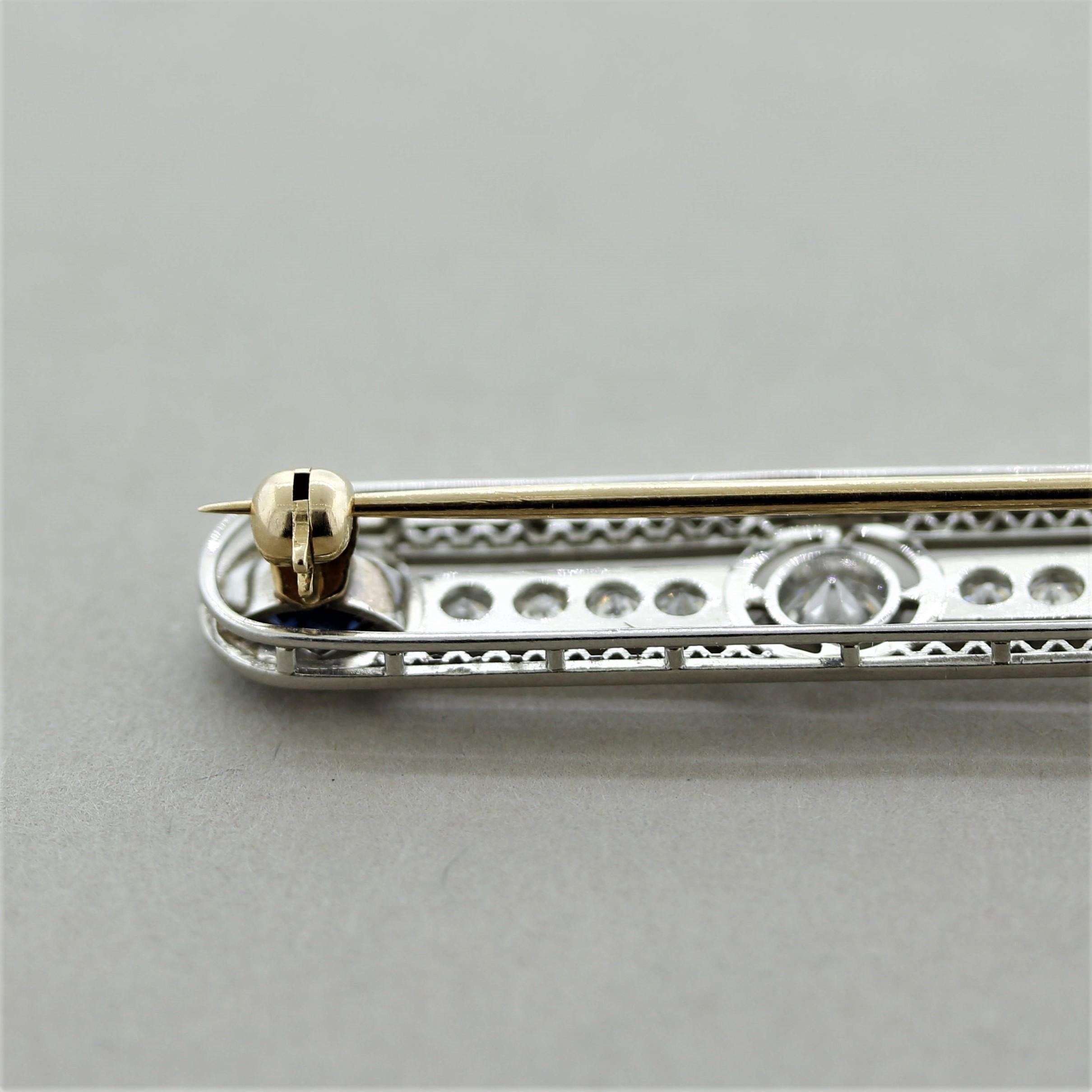 Women's or Men's Art Deco Diamond Sapphire Platinum Pin Brooch For Sale