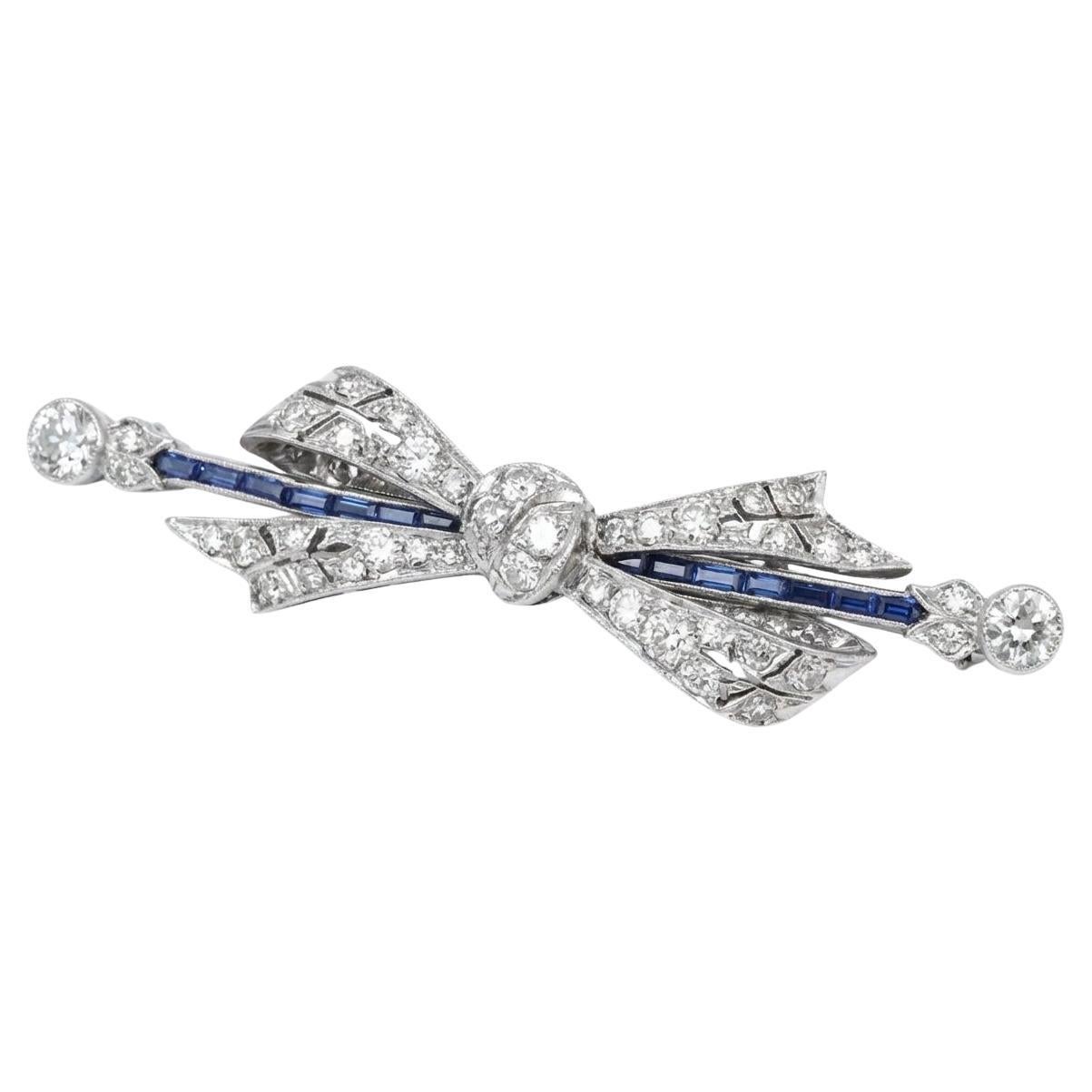 Art Deco Diamond Sapphire Platinum Ribbon Brooch Pin 1.90 Carats Total