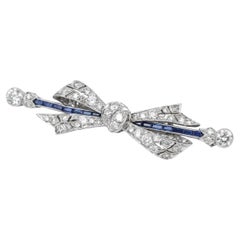 Art Deco Diamond Sapphire Platinum Ribbon Brooch Pin 1.90 Carats Total