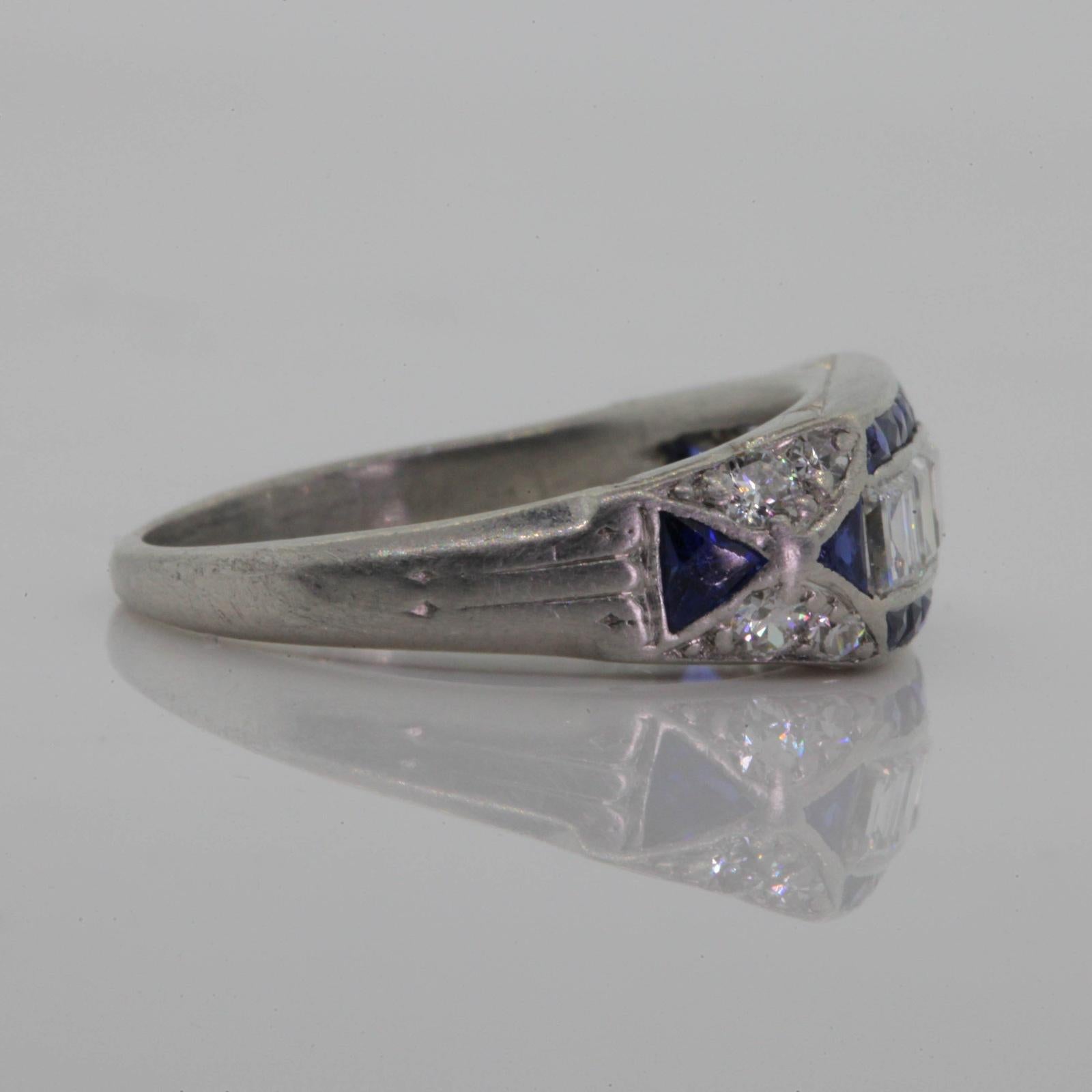 French Cut Art Deco Diamond Sapphire Platinum Ring