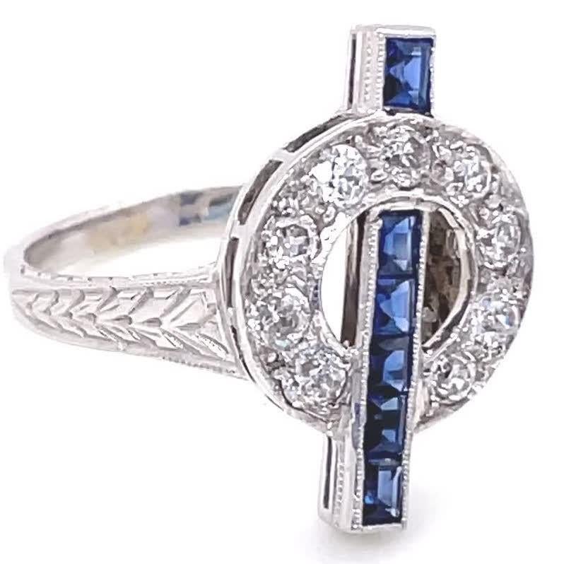 Old European Cut Art Deco Diamond Sapphire Platinum Ring