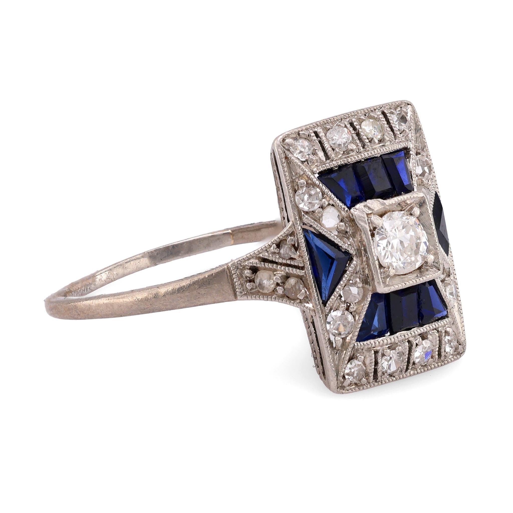 Old European Cut Art Deco Diamond Sapphire Platinum Ring