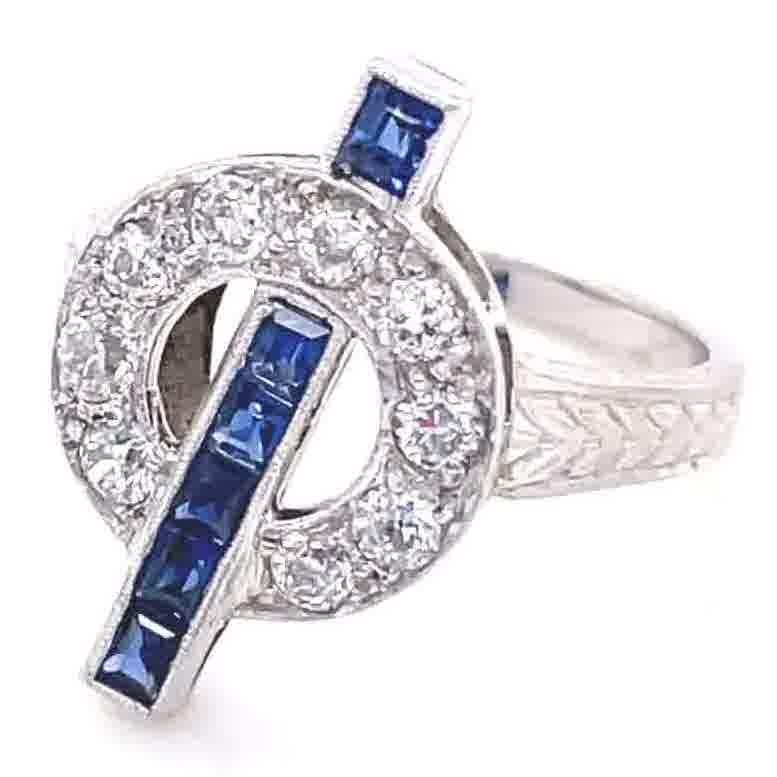 Art Deco Diamond Sapphire Platinum Ring In Excellent Condition In Beverly Hills, CA