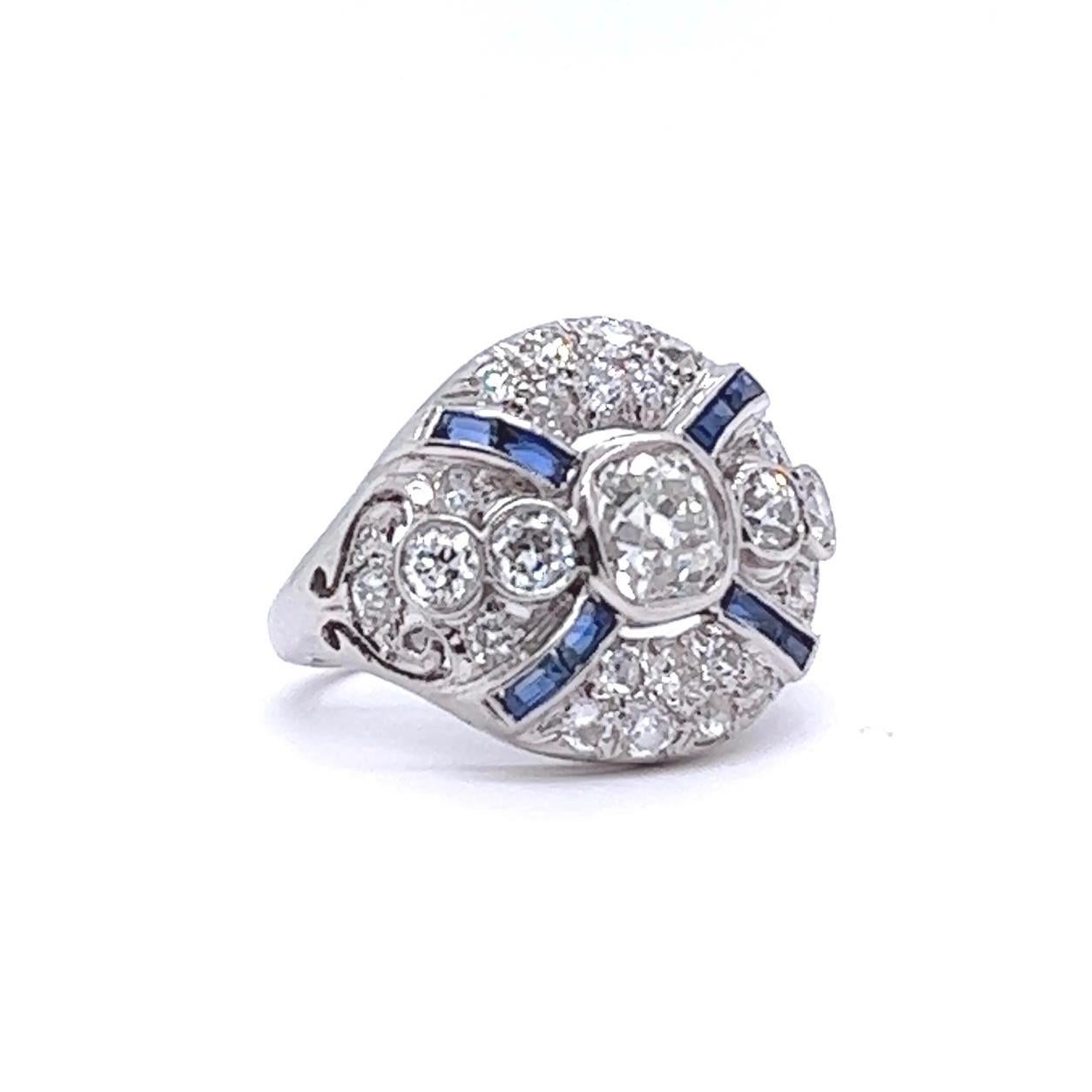 Art Deco 0.70 Carat Diamond Sapphire Platinum Ring In Excellent Condition In Beverly Hills, CA