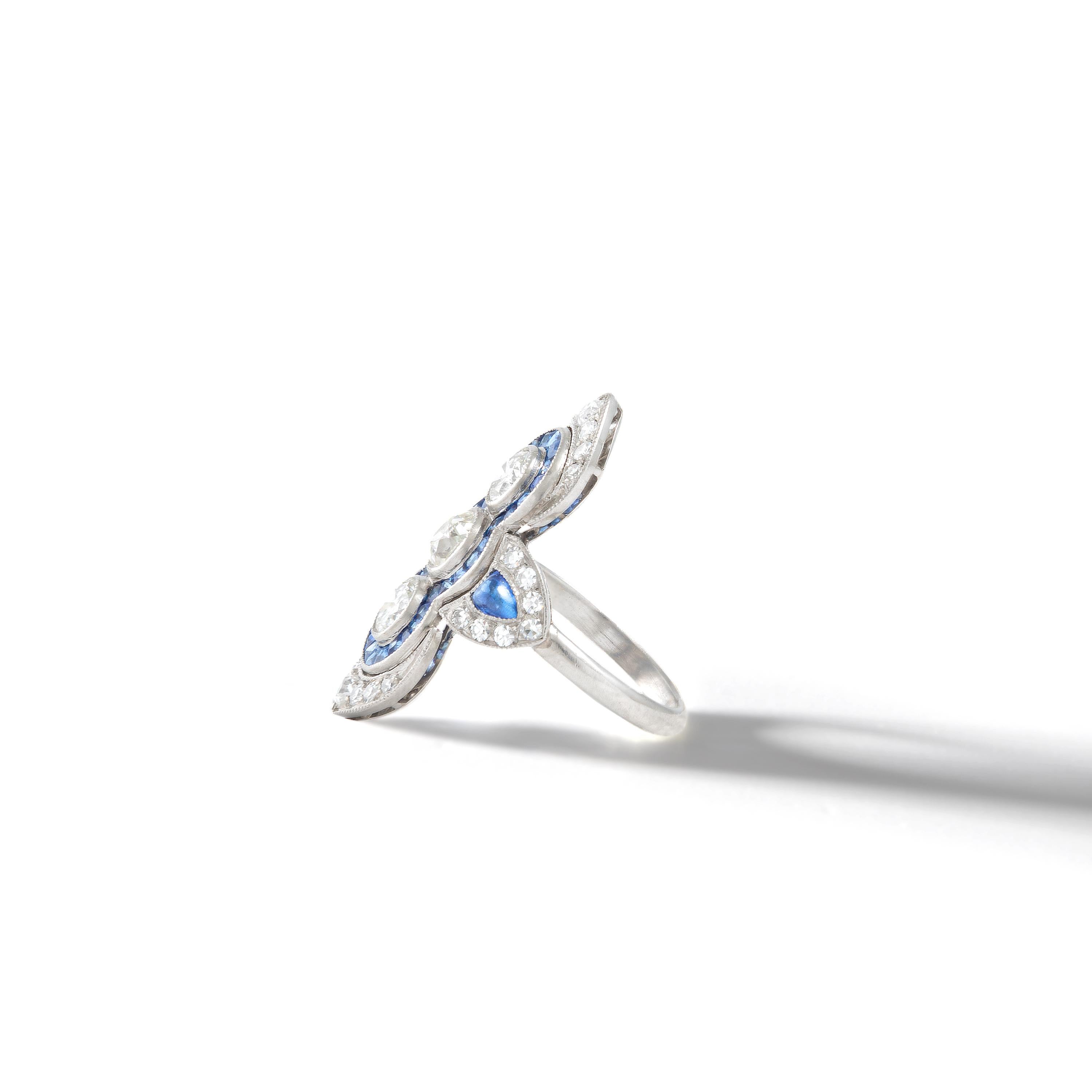 Round Cut Art Deco Diamond Sapphire Platinum Ring For Sale