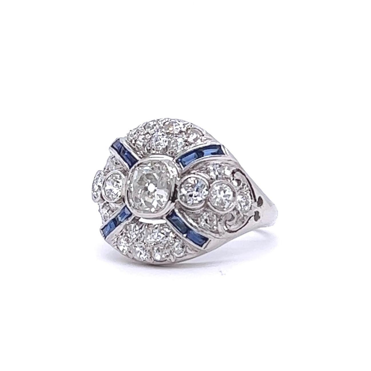 Women's or Men's Art Deco 0.70 Carat Diamond Sapphire Platinum Ring