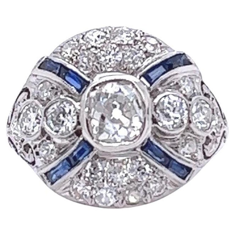 Art Deco Diamond Sapphire Platinum Ring For Sale at 1stDibs