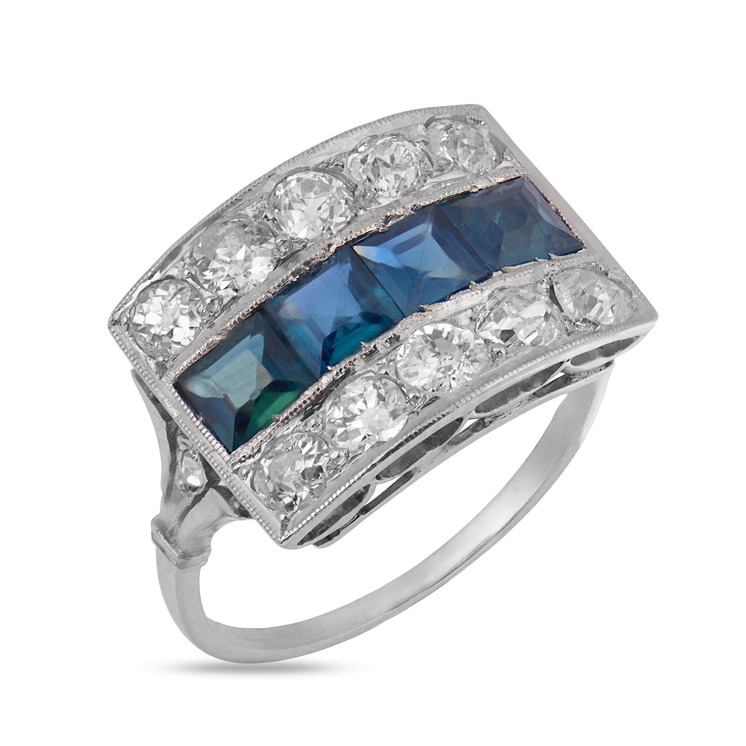 Art Deco Diamant-Saphir-Platin-Ring