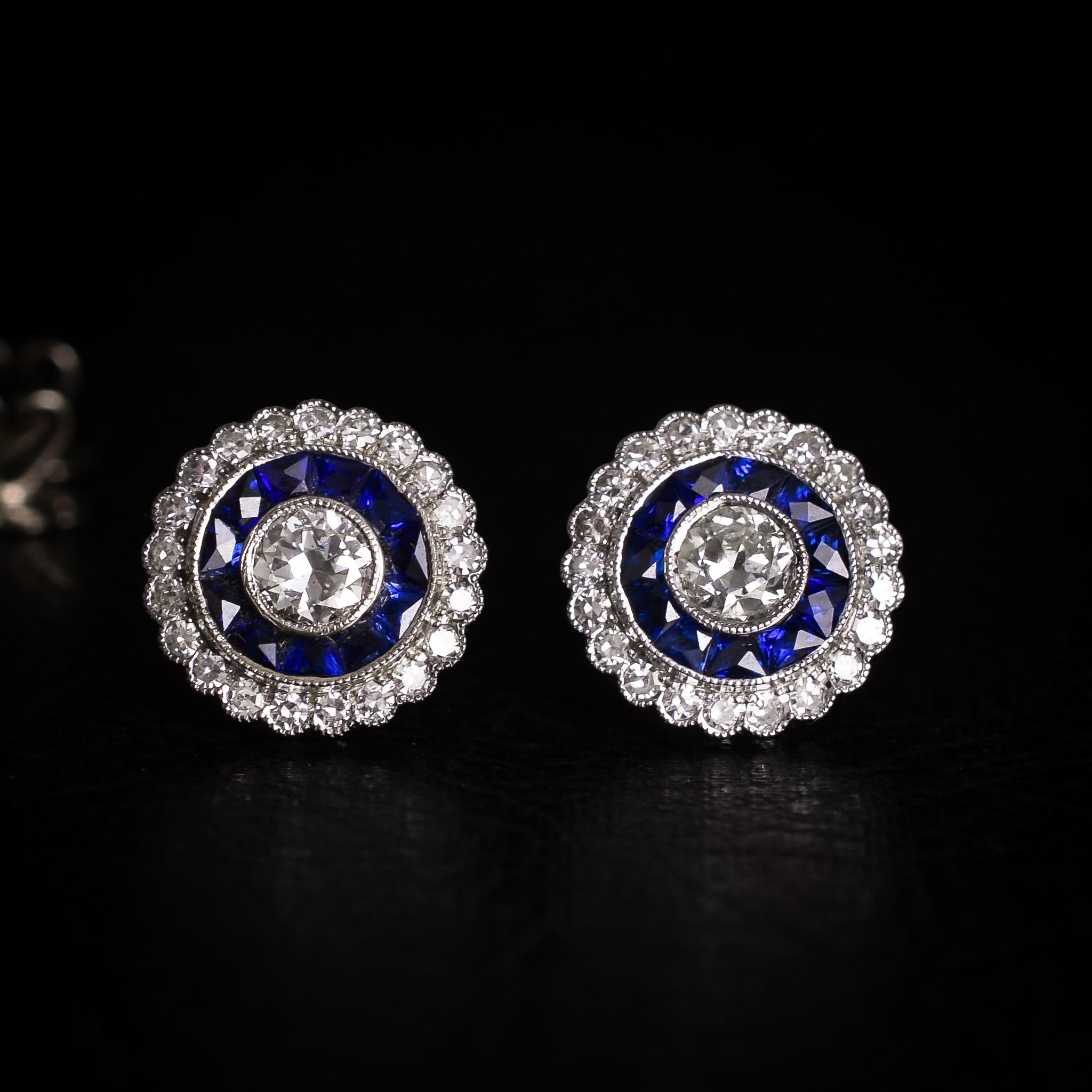 Women's Art Deco Diamond Sapphire Platinum Target Earrings