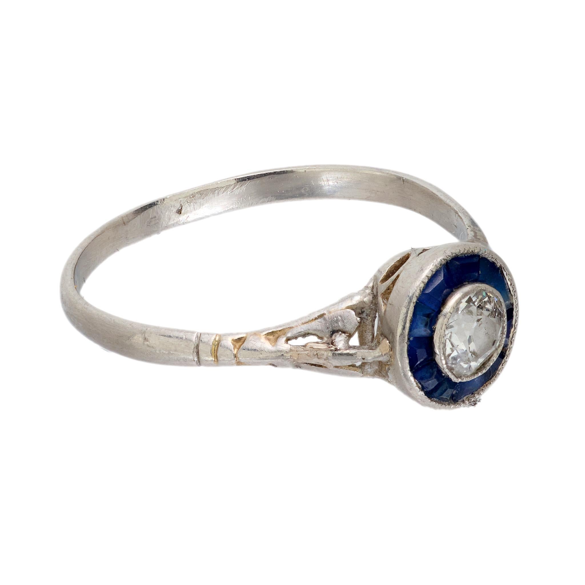 Old European Cut Art Deco diamond sapphire platinum target ring