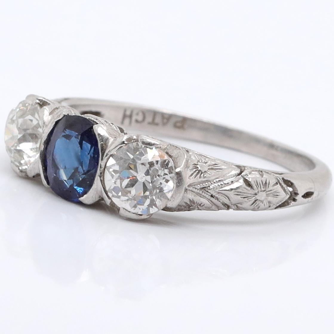 Old European Cut Art Deco Diamond Sapphire Platinum Three-Stone Ring